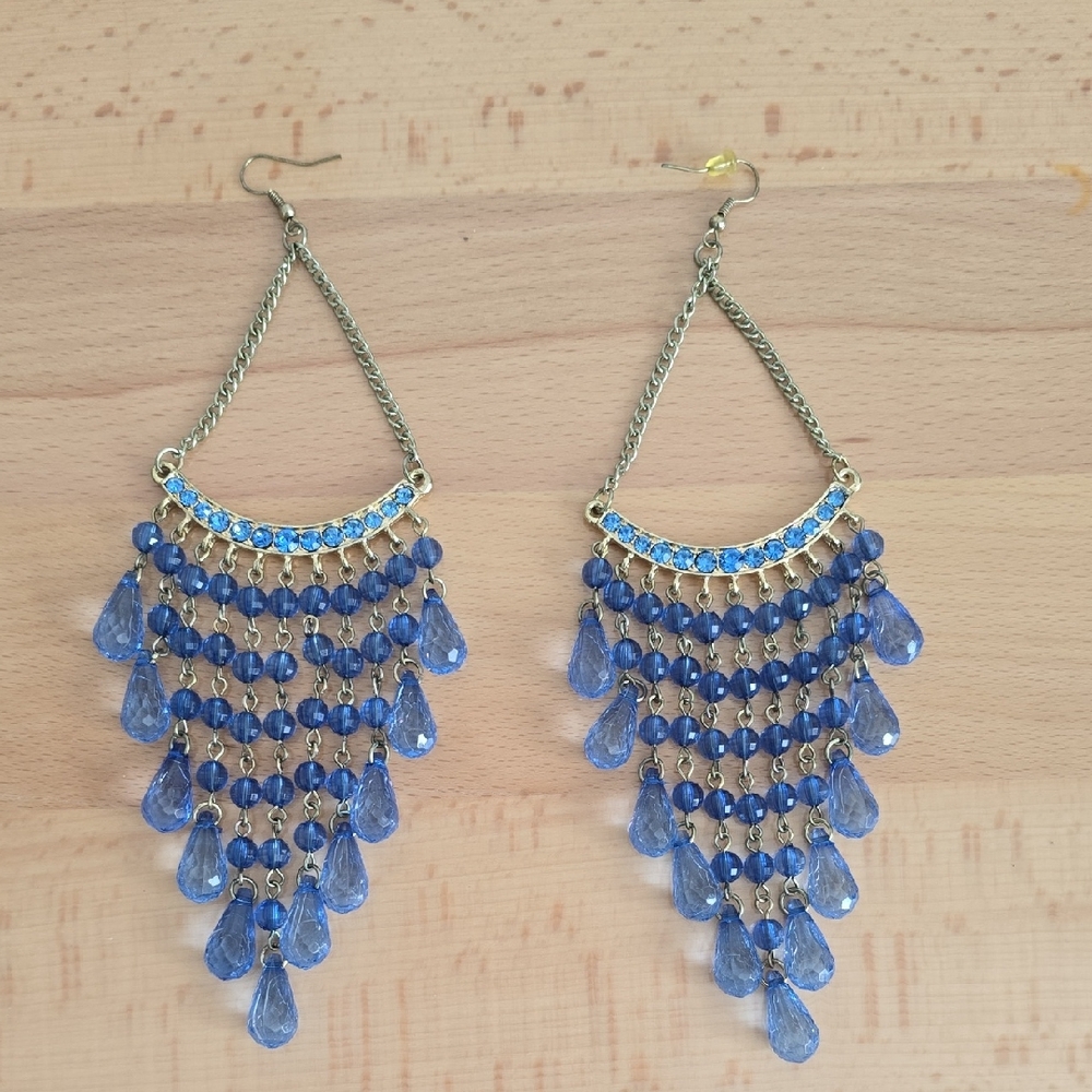 Elegant Blue And Gold Chandelier Earrings